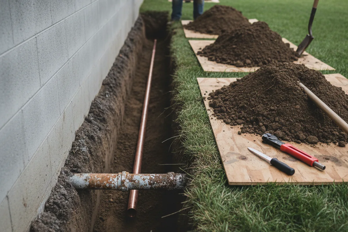 Excavated water line trench during Water Softener Installation in Richton Park